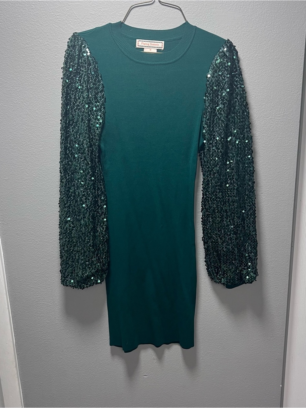 Flying Tomato Green Sequin-Sleeve Long Sleeve Knit Dress Size M
